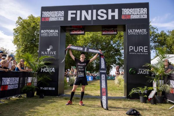 Rhys Johnston winning the mens 102km Tarawera Ultramarathon Photo Graeme Murray